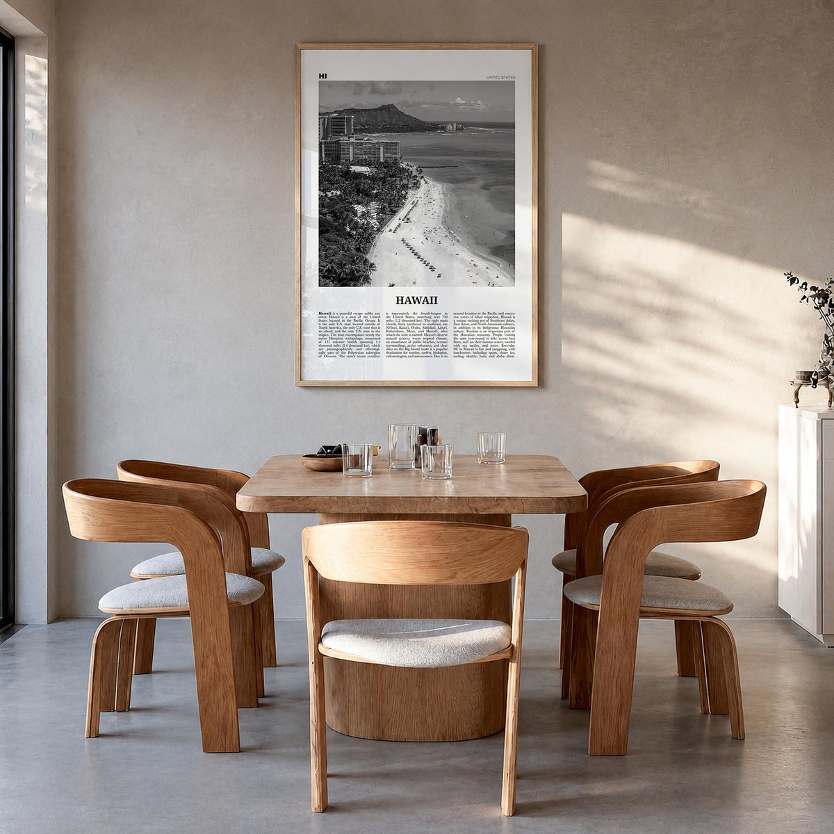Hawaii no. 5 black & white newspaper poster of United States – vertical wall art in natural wood frame, hanging on wall