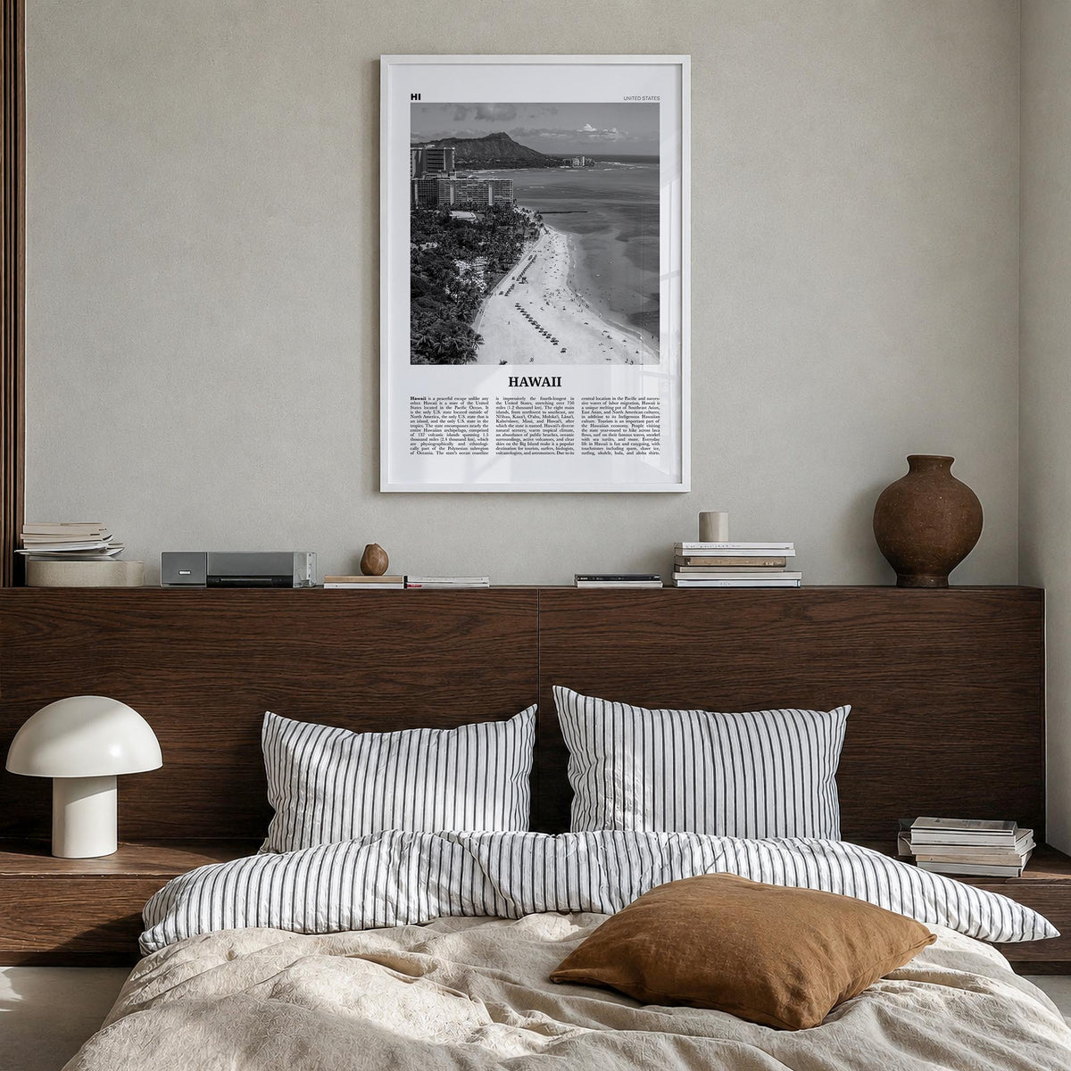 Hawaii no. 5 black & white newspaper poster of United States – vertical wall art in white wood frame, hanging on wall