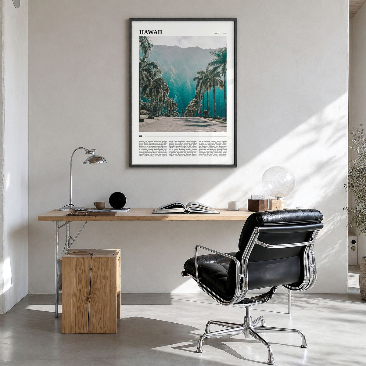 Hawaii Travel No 1 Poster in a black wood frame, hanging in a bright home office