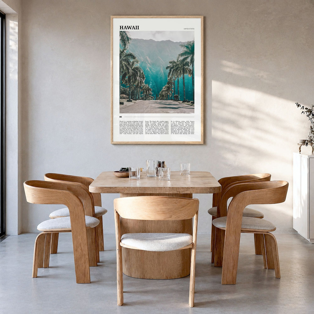 Hawaii Travel No 1 Poster in a natural wood frame, hanging in a dining room