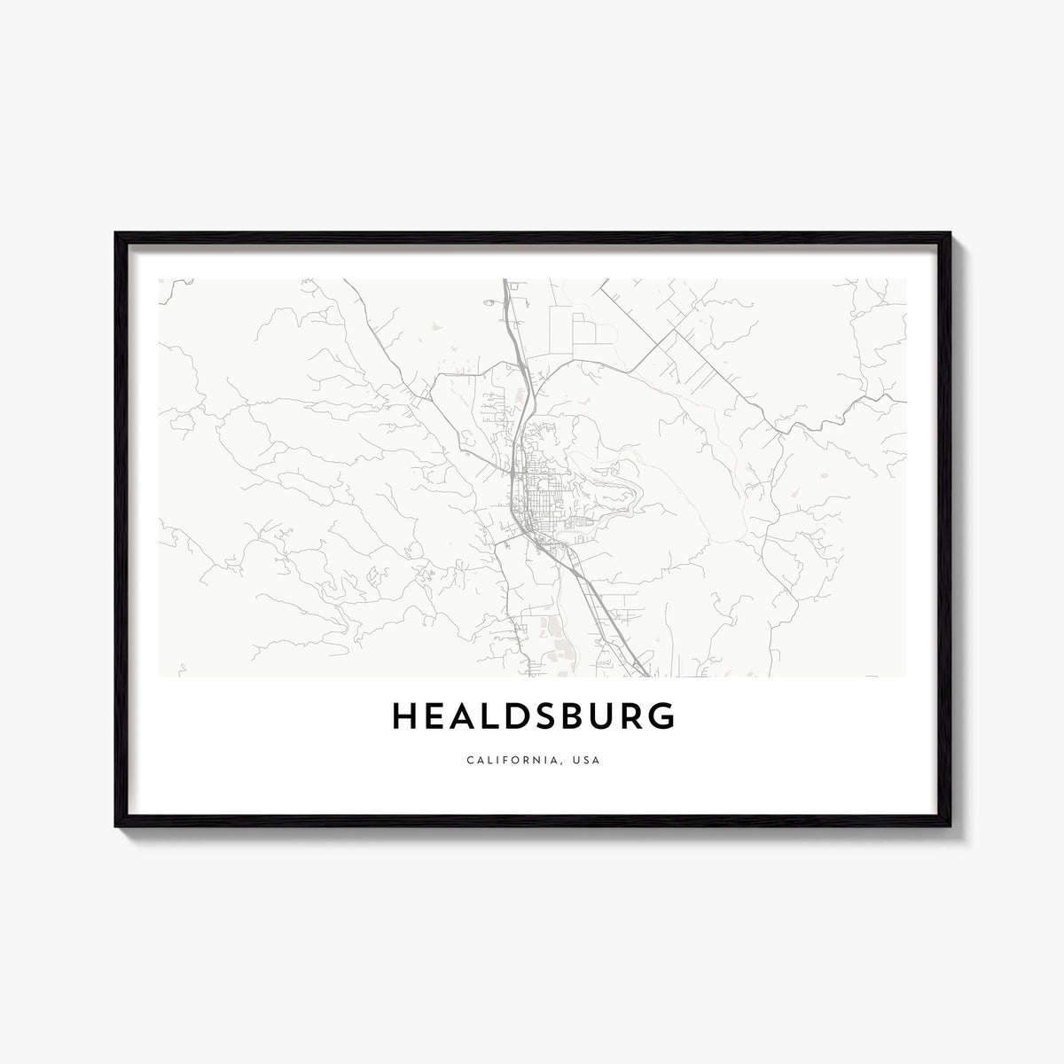 Healdsburg black & white map poster of California, USA – horizontal wall art, unframed print shown in interior mockup