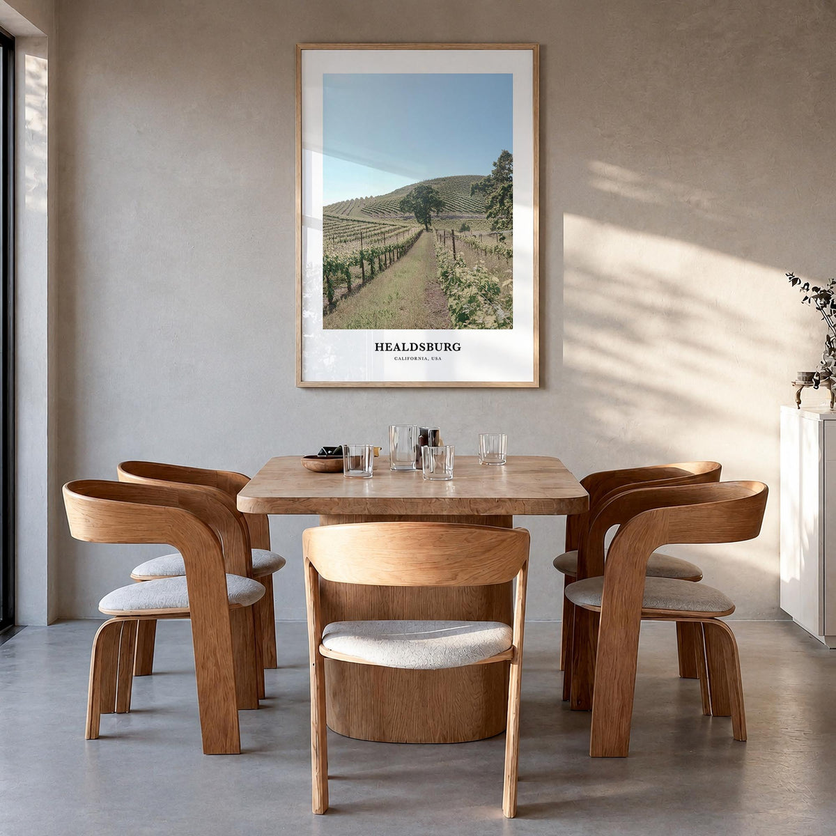 Healdsburg colorful classic poster of California, USA – vertical wall art in natural wood frame, hanging on wall