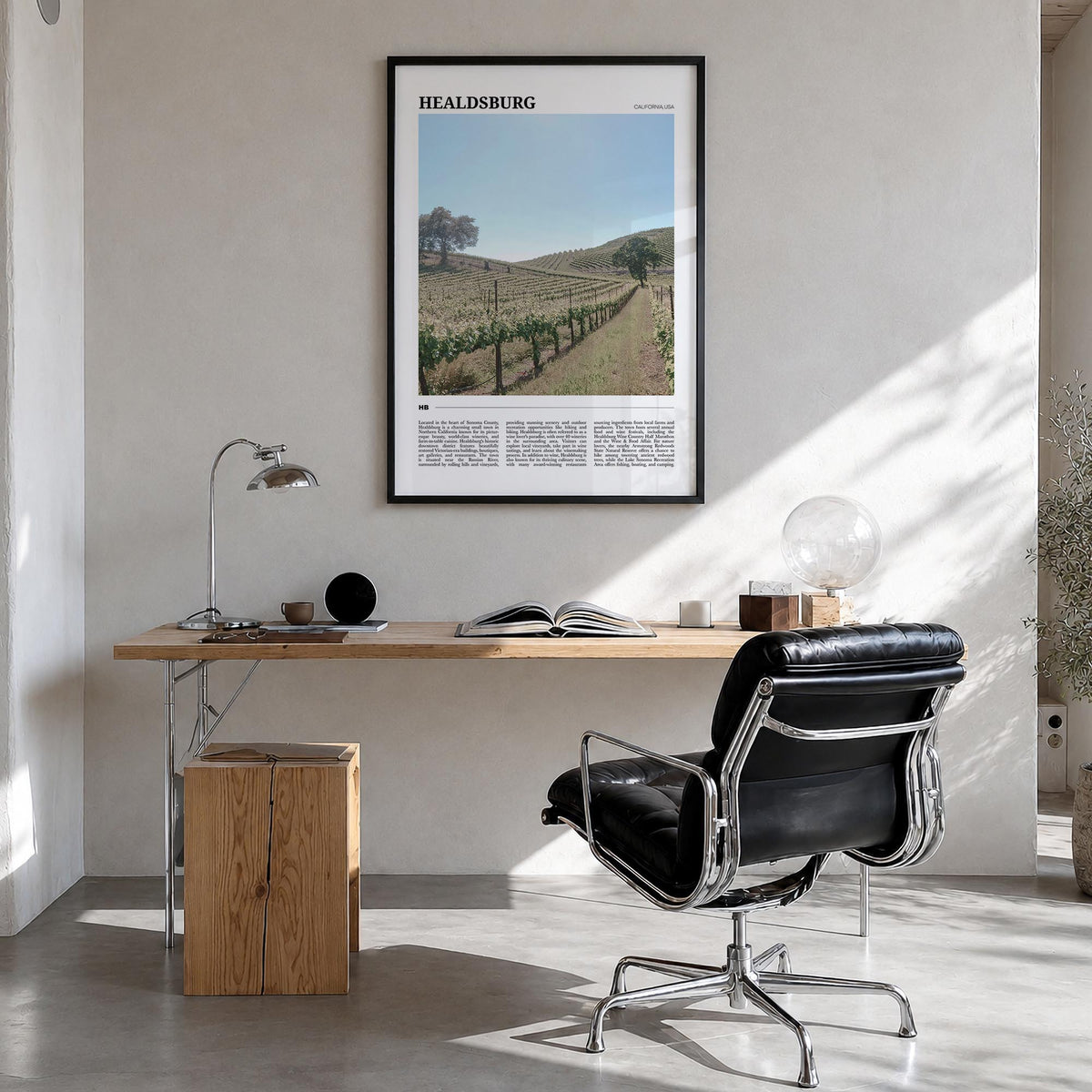 Healdsburg colorful travel poster of California, USA – vertical wall art in black wood frame, hanging on wall