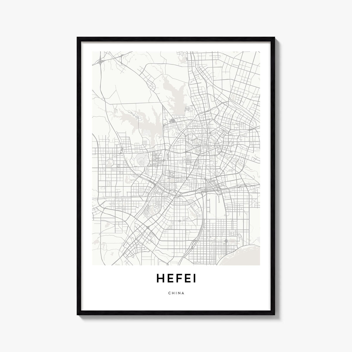 Hefei black & white map poster of China – vertical wall art, unframed print shown in interior mockup