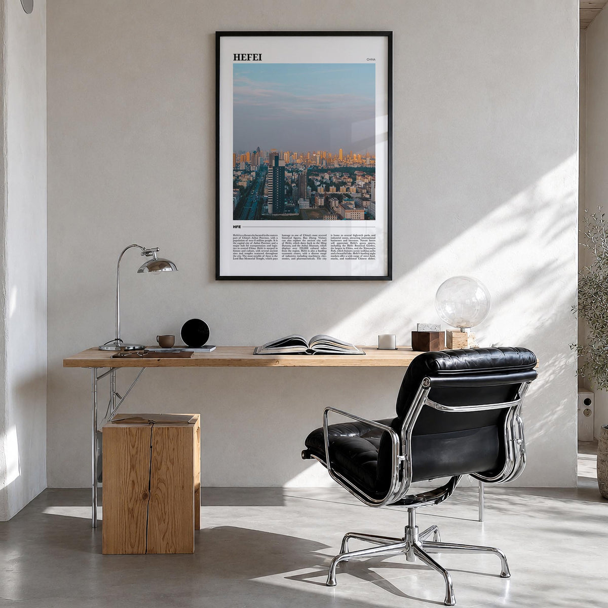Hefei colorful travel poster of China – vertical wall art in black wood frame, hanging on wall