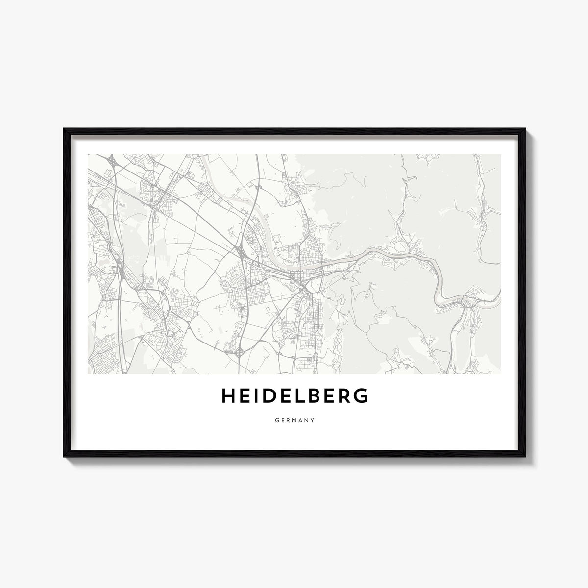 Heidelberg black & white map poster of Germany – horizontal wall art, unframed print shown in interior mockup