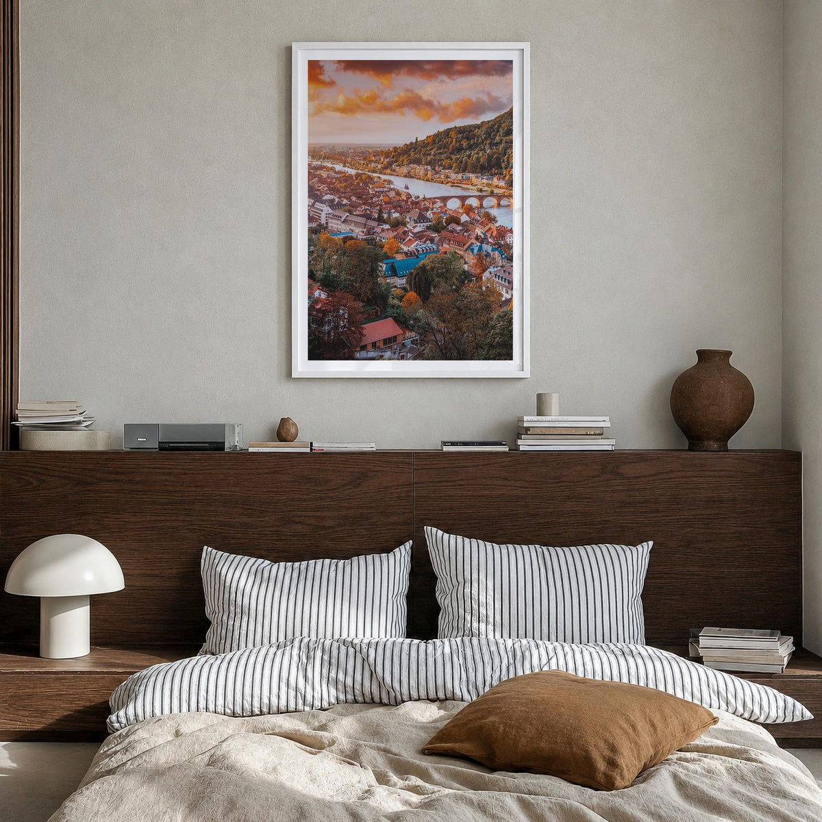 Heidelberg colorful photo poster of Germany – vertical wall art in white wood frame with white border, hanging on wall