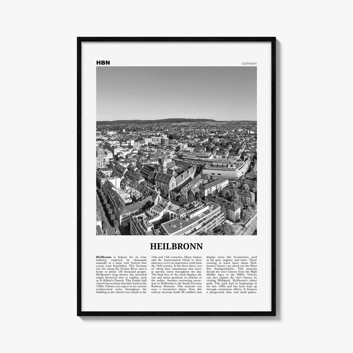 Heilbronn black & white newspaper poster of Germany – vertical wall art, unframed print shown in interior mockup