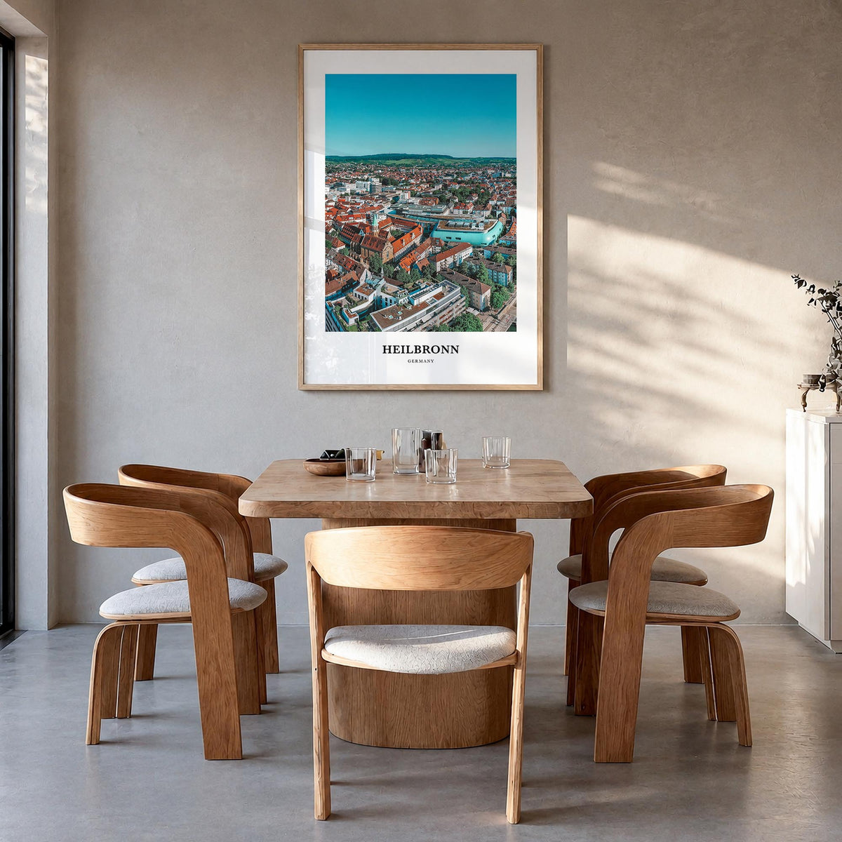Heilbronn colorful classic poster of Germany – vertical wall art in natural wood frame, hanging on wall