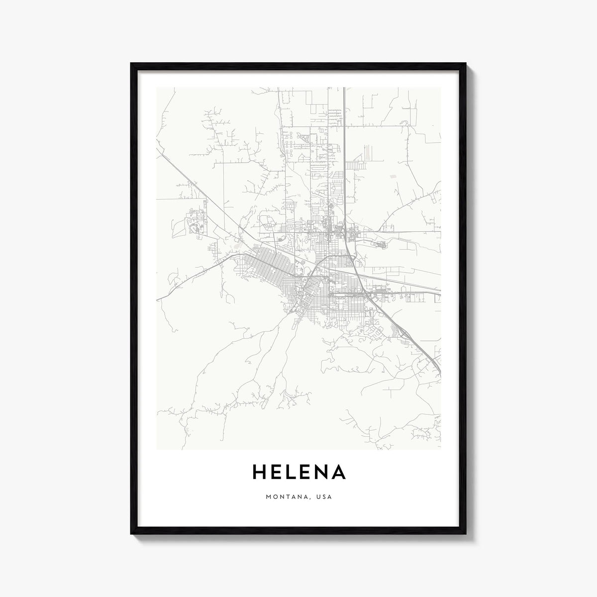 Helena black & white map poster of Montana, USA – vertical wall art, unframed print shown in interior mockup