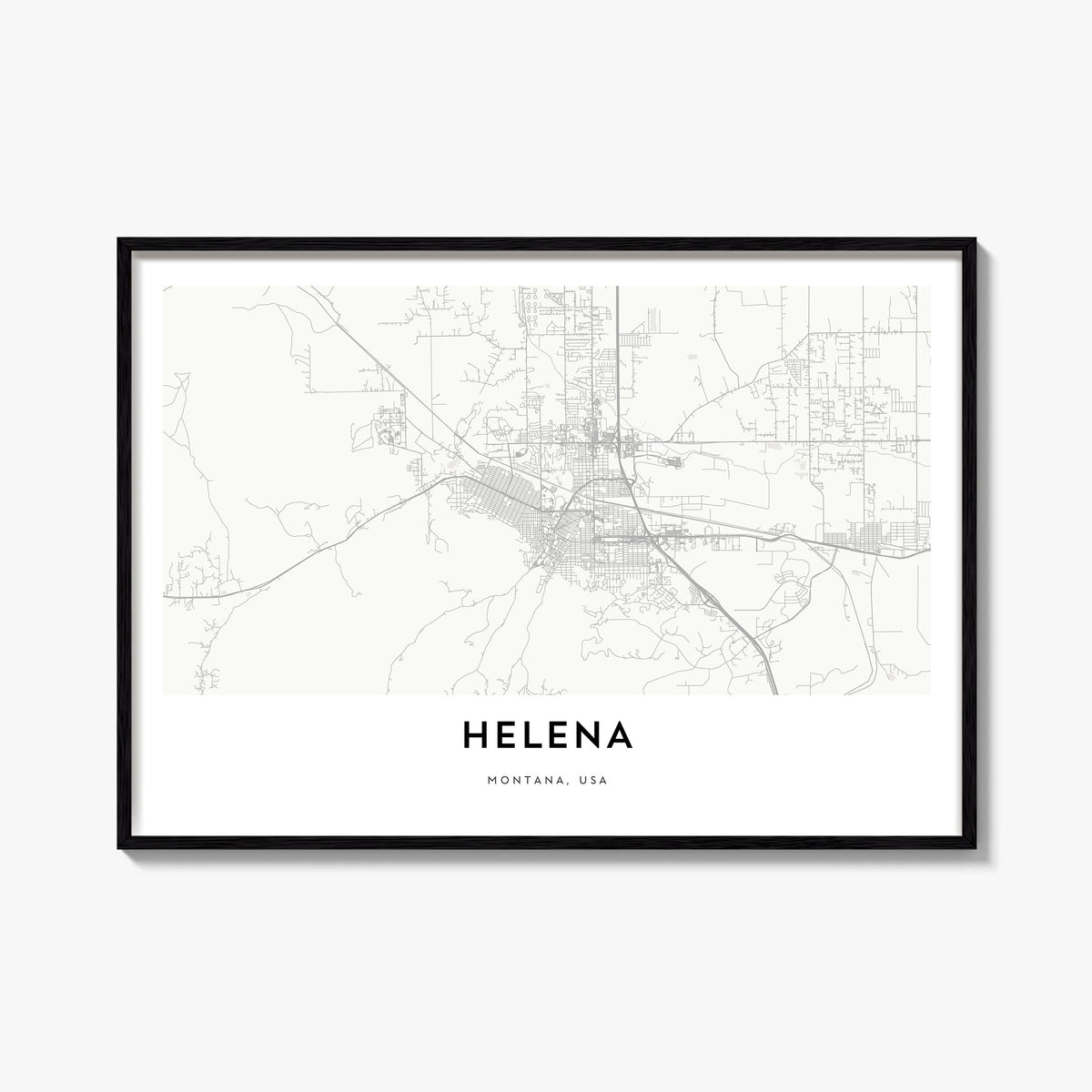 Helena black & white map poster of Montana, USA – horizontal wall art, unframed print shown in interior mockup