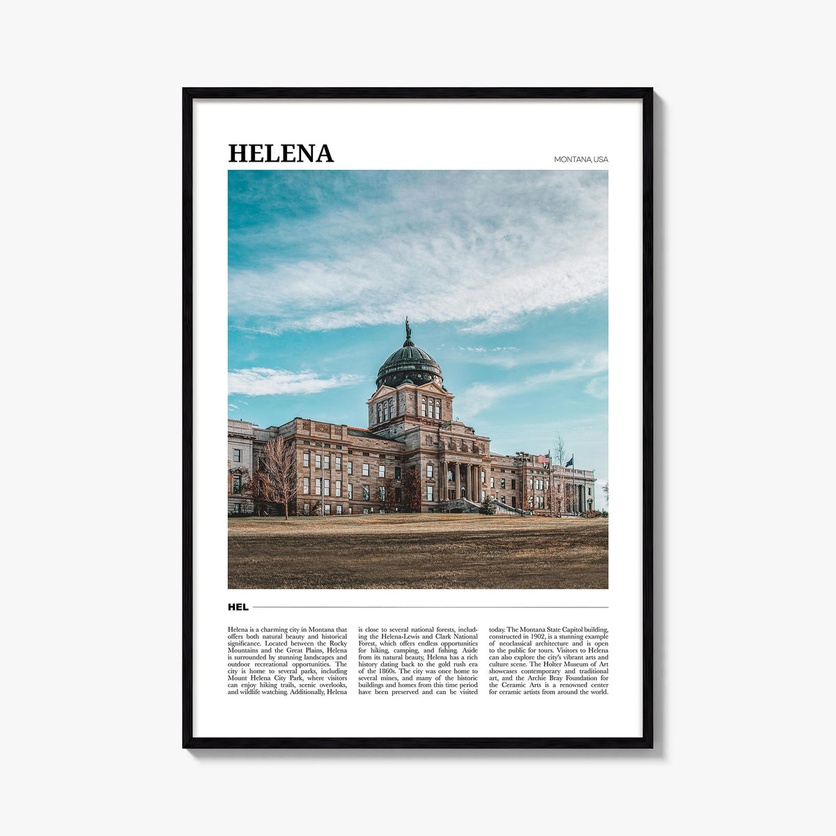 Helena colorful travel poster of Montana, USA – vertical wall art, unframed print shown in interior mockup