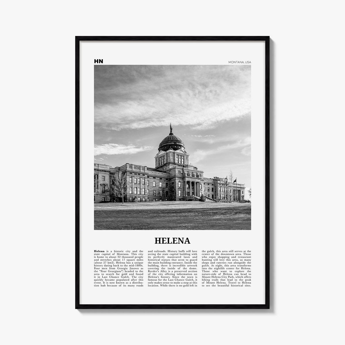 Helena no. 1 black & white newspaper poster of Montana, USA – vertical wall art, unframed print shown in interior mockup