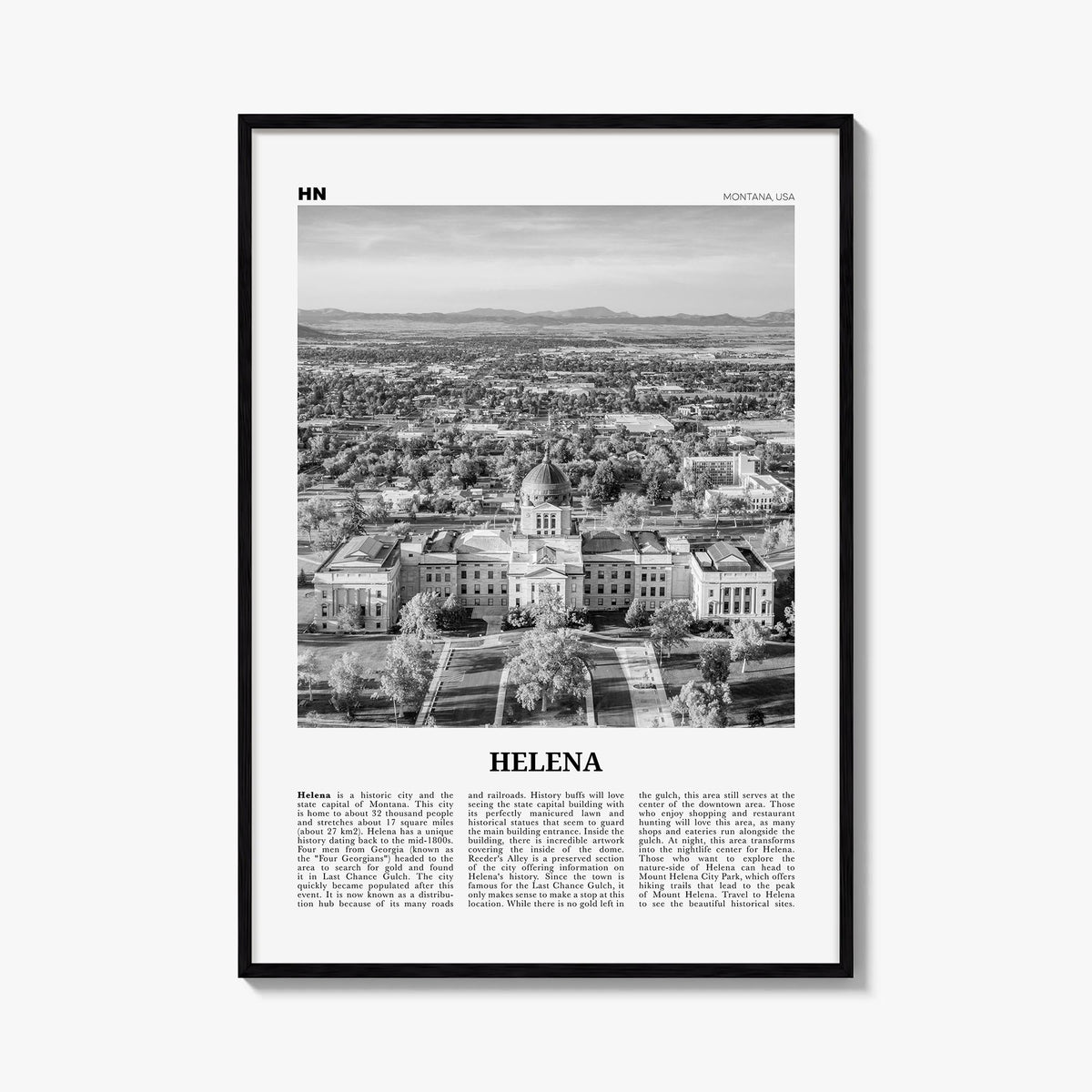 Helena no. 2 black & white newspaper poster of Montana, USA – vertical wall art, unframed print shown in interior mockup