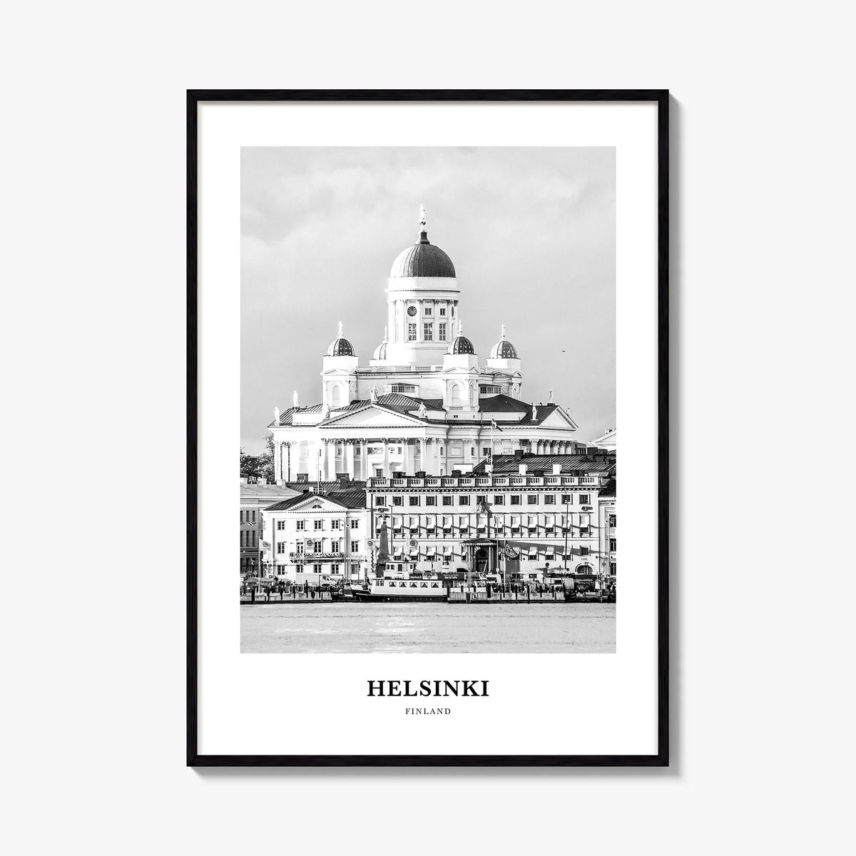 Helsinki black & white classic poster of Finland – vertical wall art, unframed print shown in interior mockup