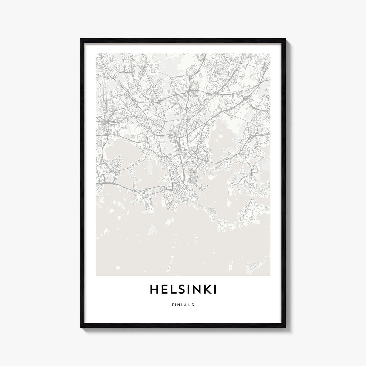 Helsinki black & white map poster of Finland – vertical wall art, unframed print shown in interior mockup