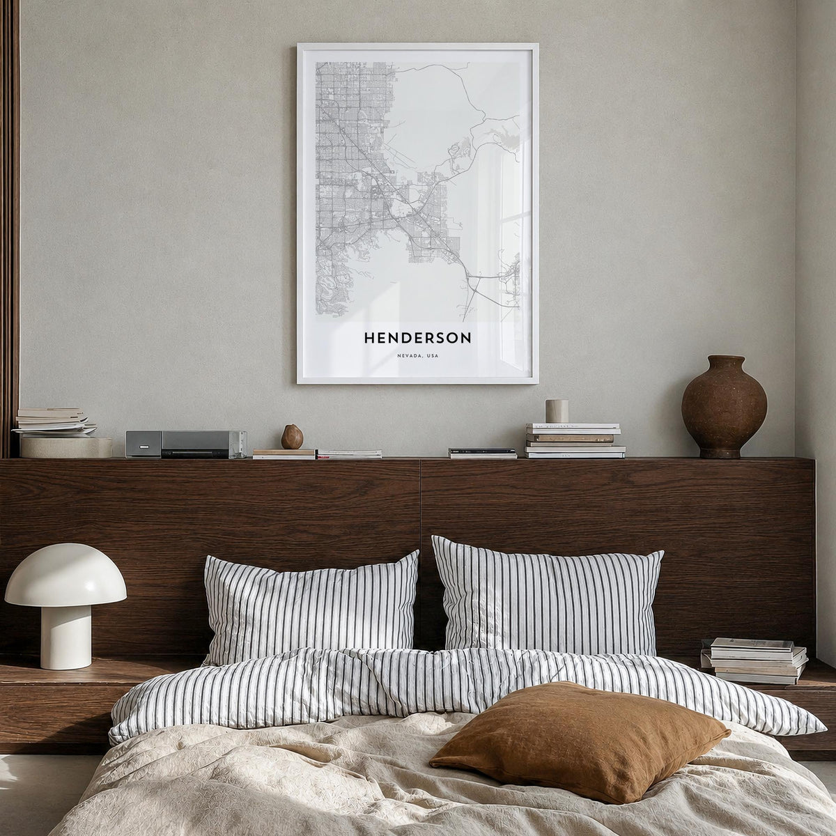 Henderson black & white map poster of Nevada, USA – vertical wall art in white wood frame, hanging on wall
