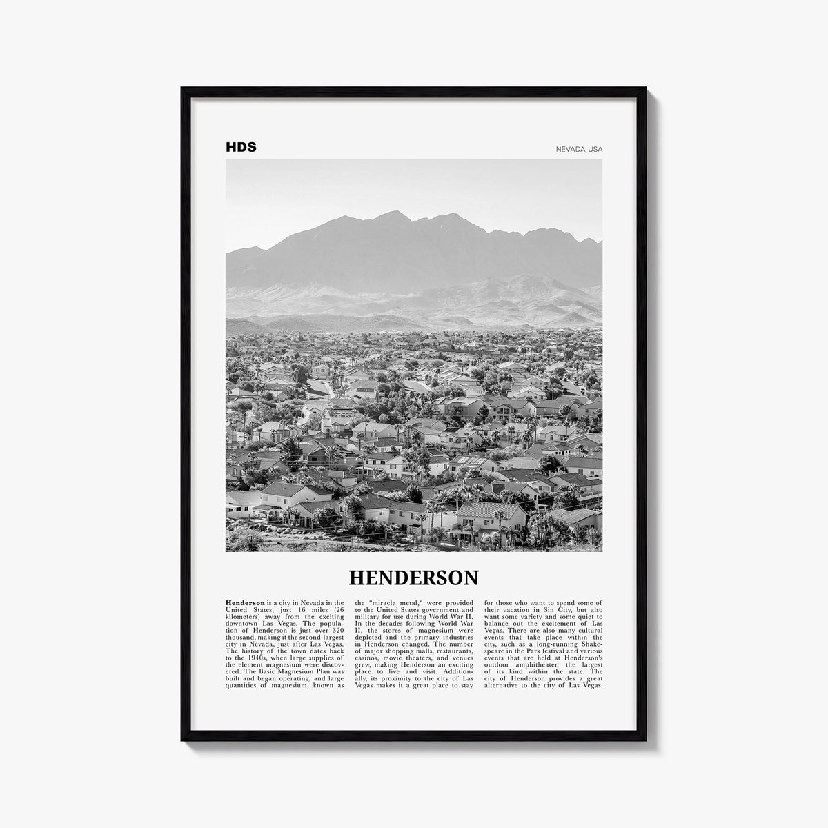Henderson black & white newspaper poster of Nevada, USA – vertical wall art, unframed print shown in interior mockup