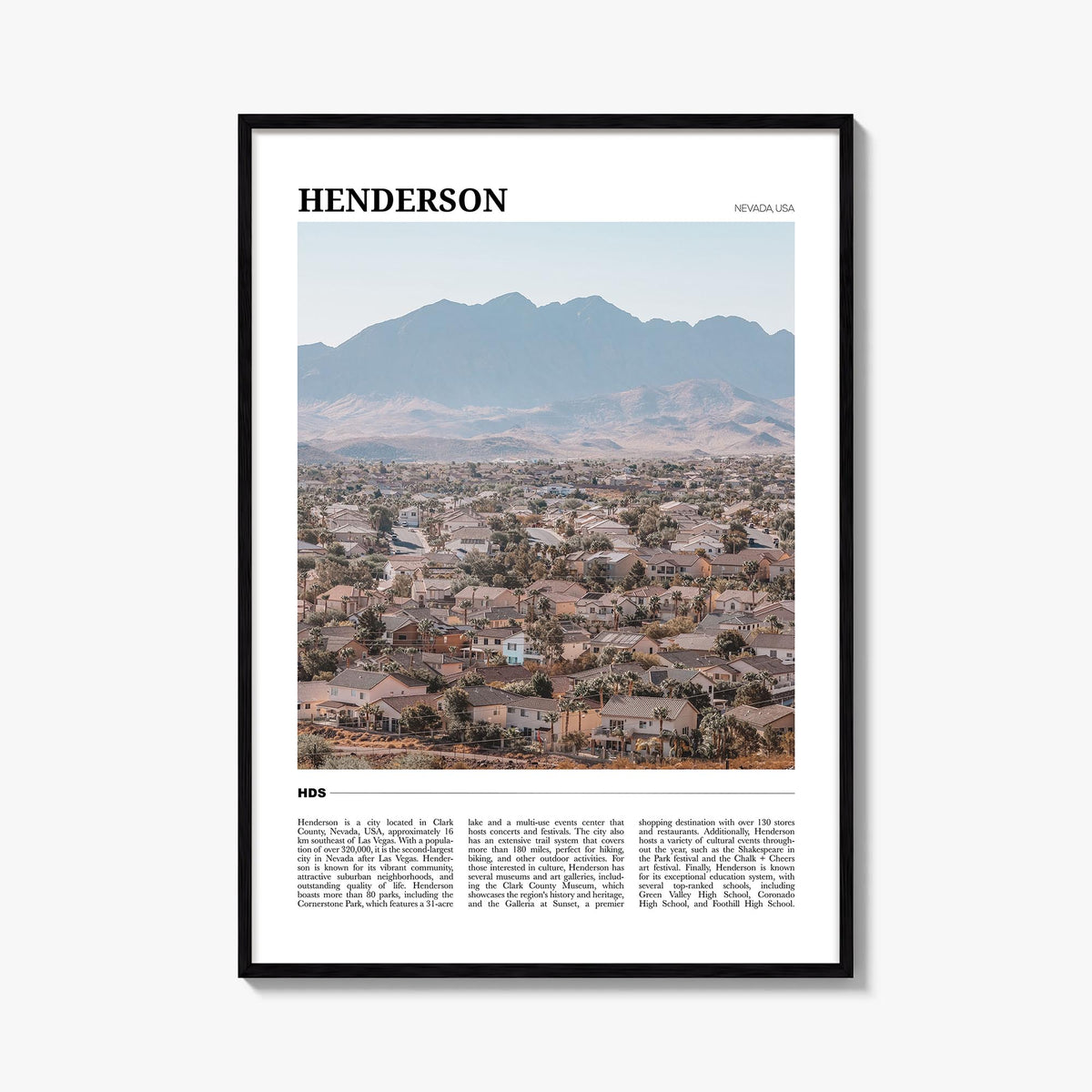 Henderson colorful travel poster of Nevada, USA – vertical wall art, unframed print shown in interior mockup