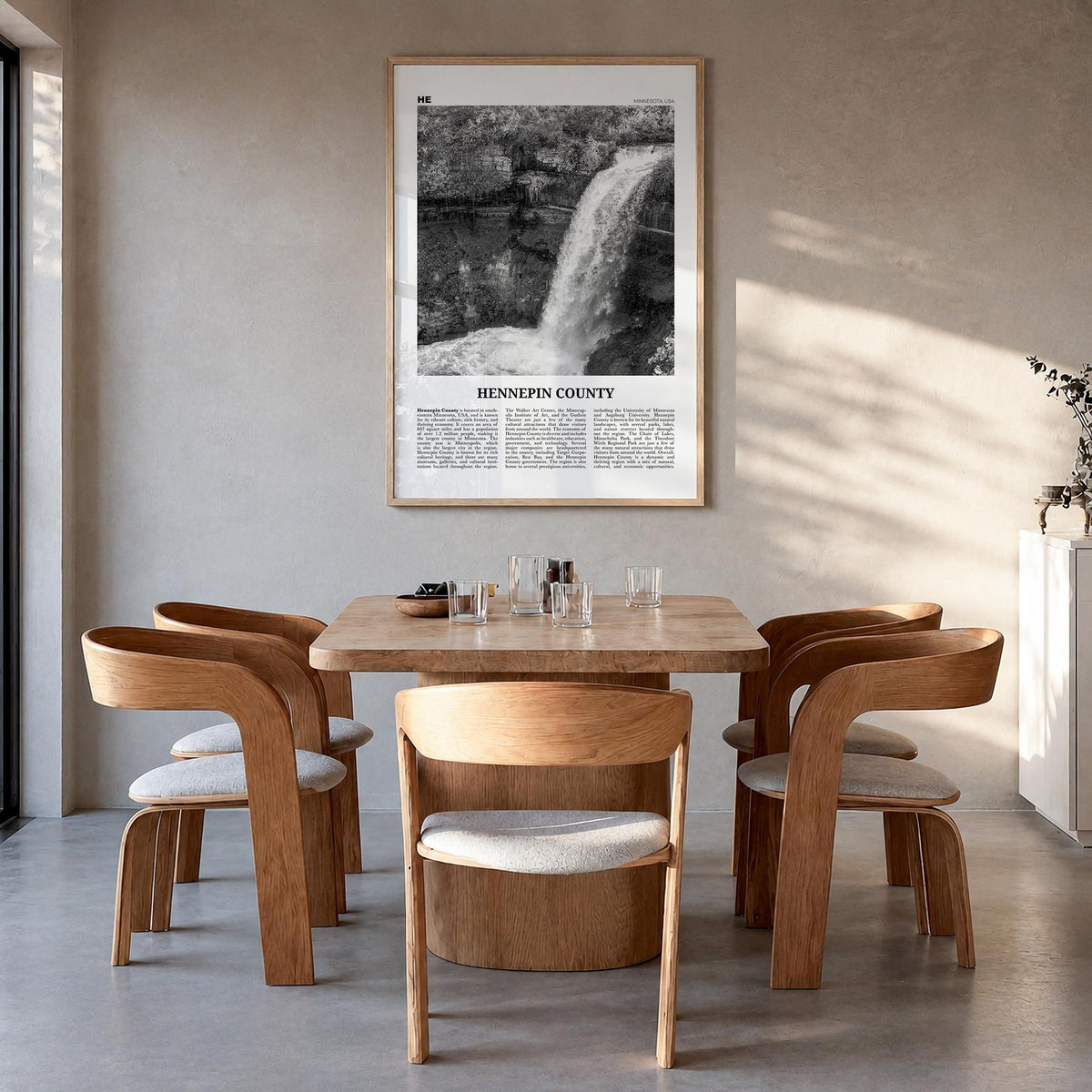 Hennepin County black & white newspaper poster of Minnesota, USA – vertical wall art in natural wood frame, hanging on wall