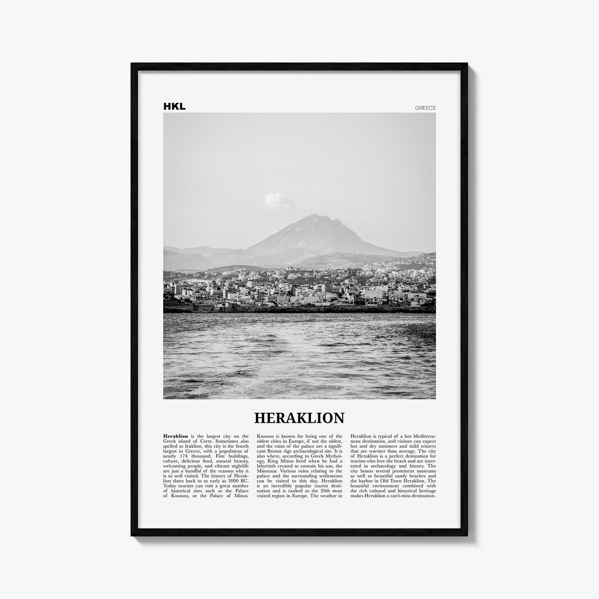 Heraklion black & white newspaper poster of Greece – vertical wall art, unframed print shown in interior mockup