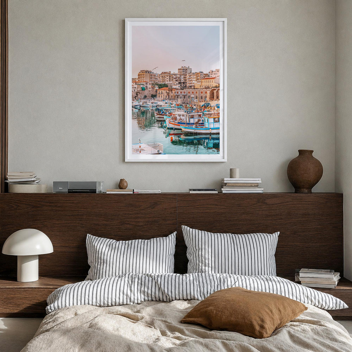 Heraklion colorful photo poster of Greece – vertical wall art in white wood frame with white border, hanging on wall