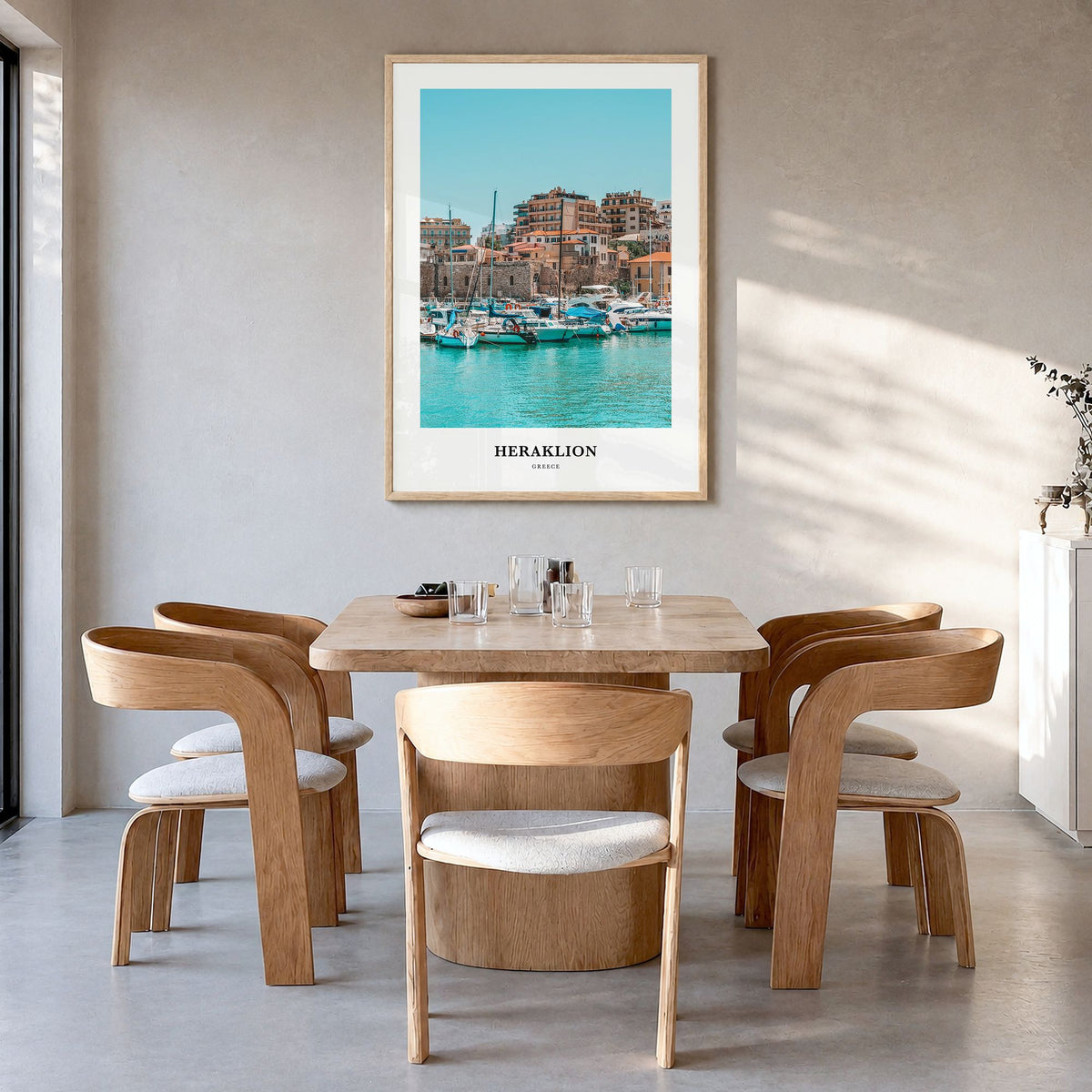Heraklion Classic Poster in a natural wood frame, hanging in a dining room
