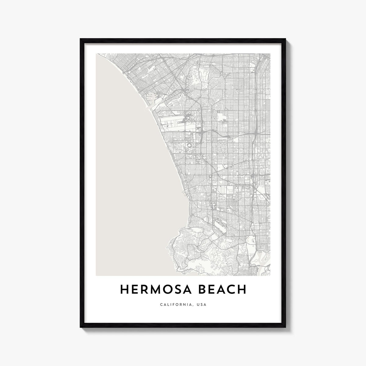 Hermosa Beach black & white map poster of California, USA – vertical wall art, unframed print shown in interior mockup