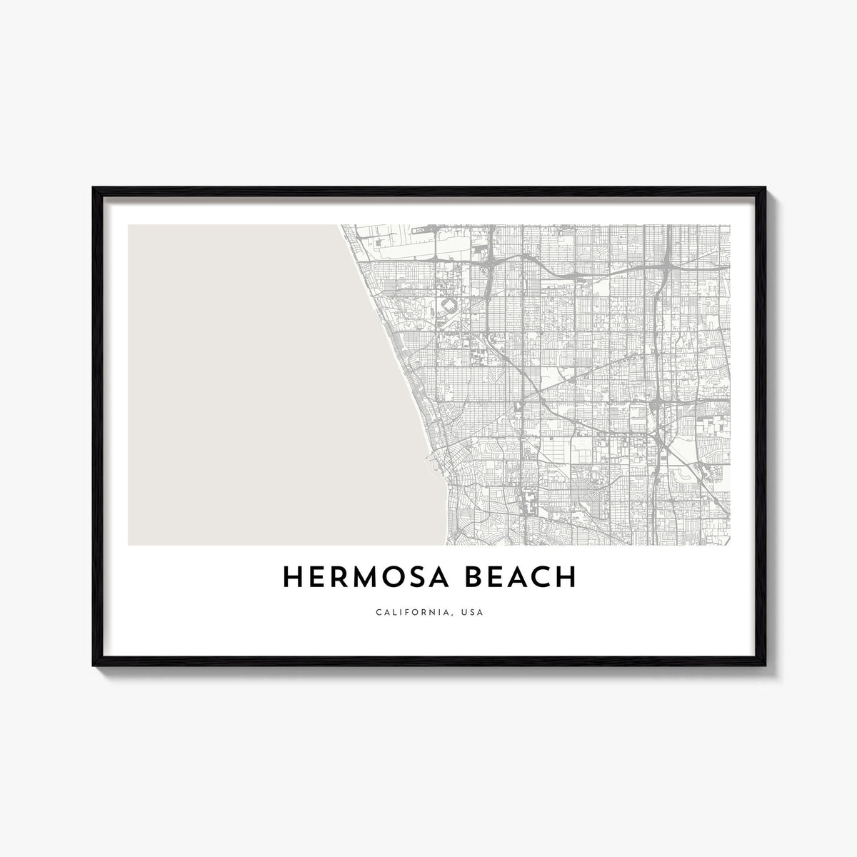 Hermosa Beach black & white map poster of California, USA – horizontal wall art, unframed print shown in interior mockup