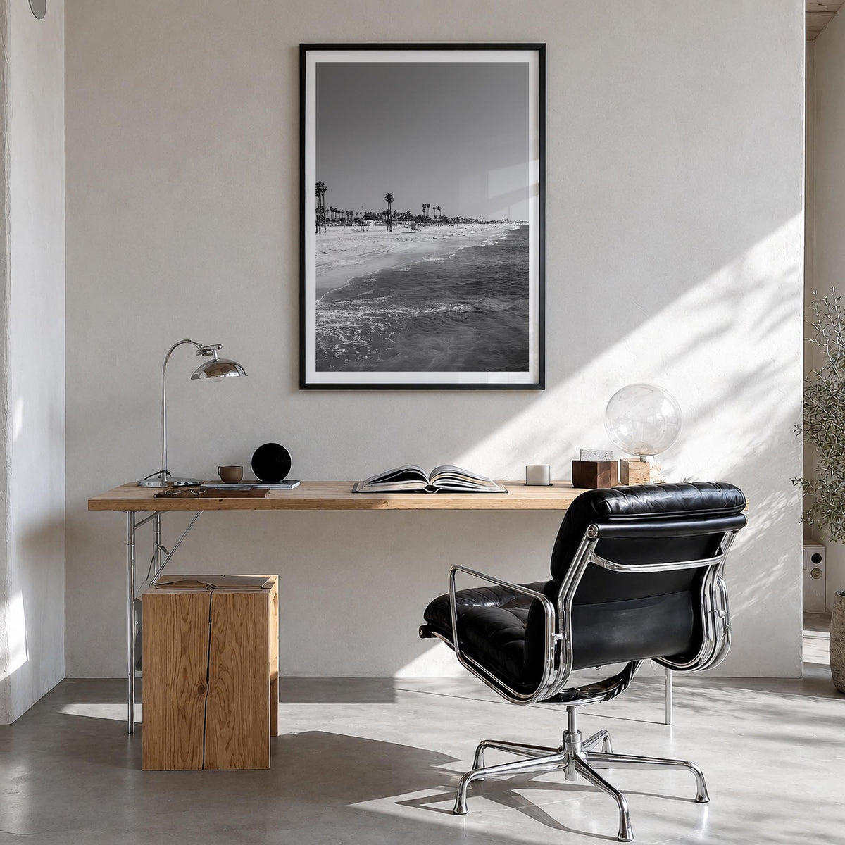 Hermosa Beach black & white photo poster of California, USA – vertical wall art in black wood frame with white border, hangin