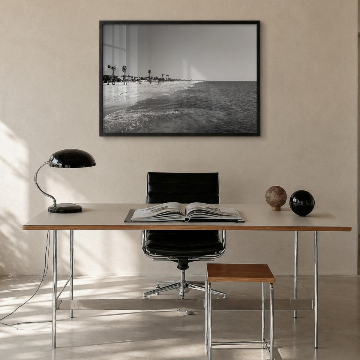 Hermosa Beach black & white photo poster of California, USA – horizontal wall art in black wood frame, hanging on wall