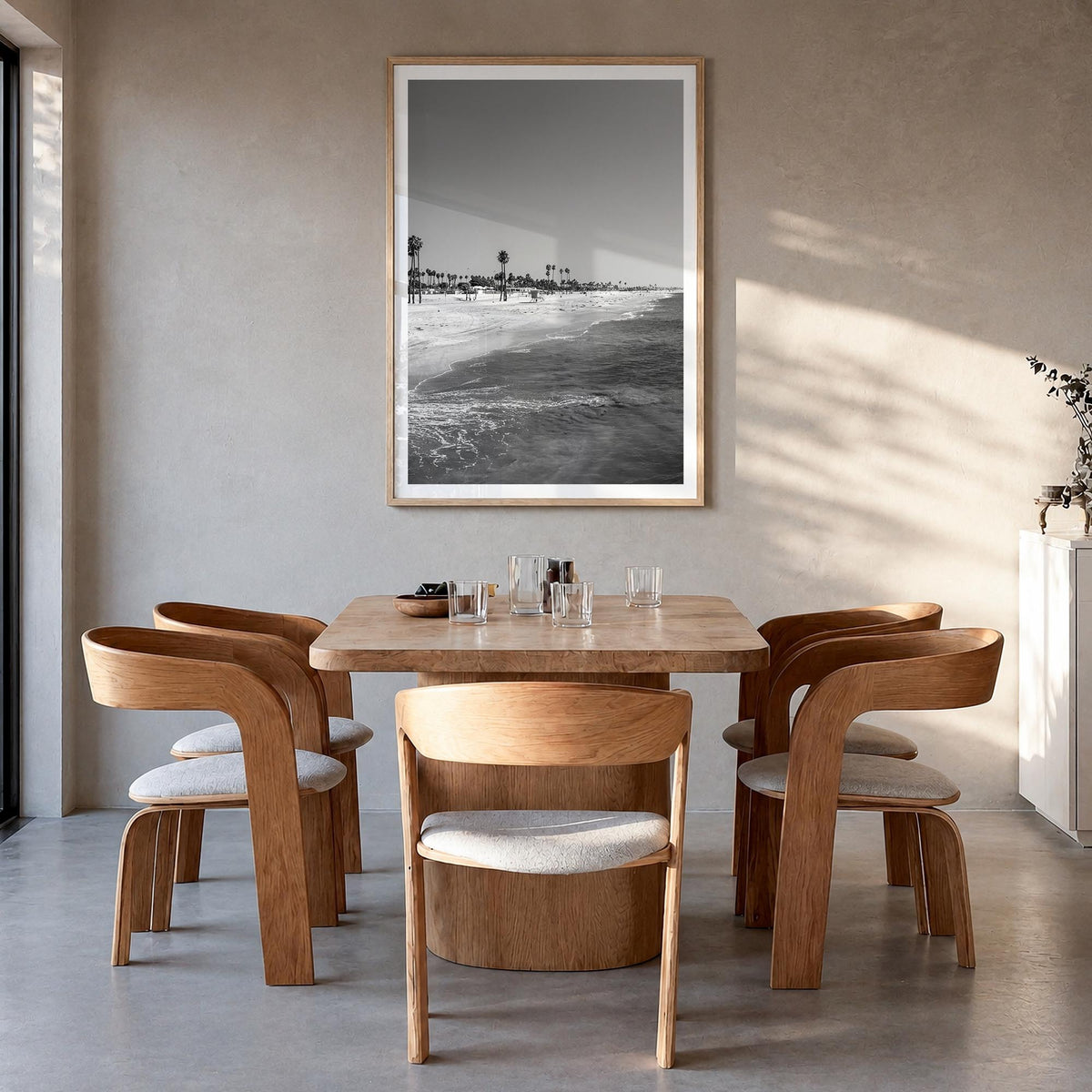 Hermosa Beach black & white photo poster of California, USA – vertical wall art in natural wood frame with white border, hang