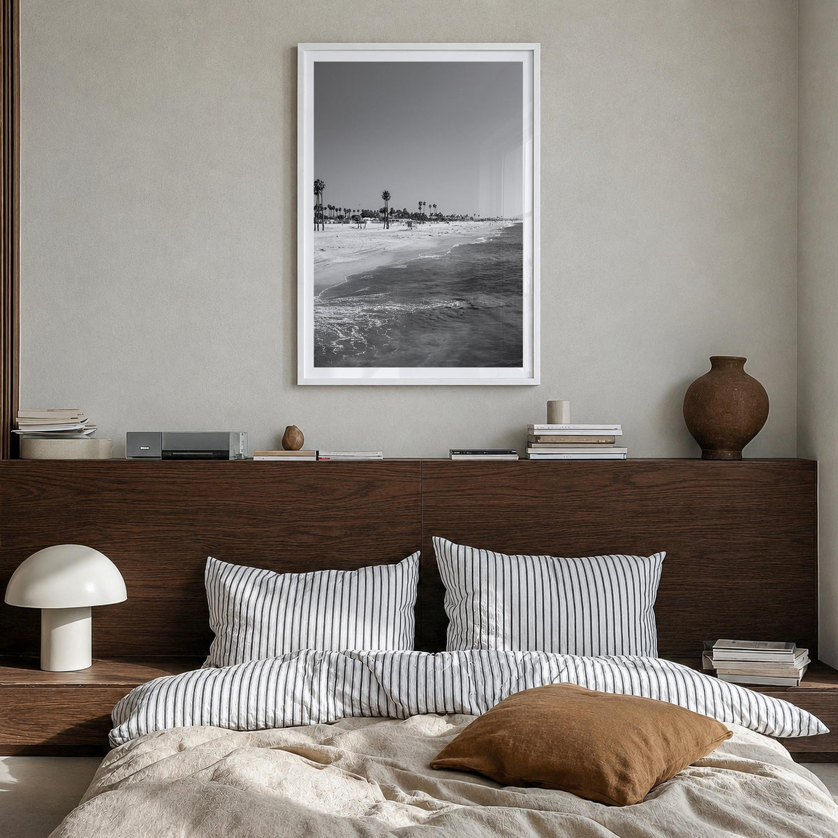 Hermosa Beach black & white photo poster of California, USA – vertical wall art in white wood frame with white border, hangin