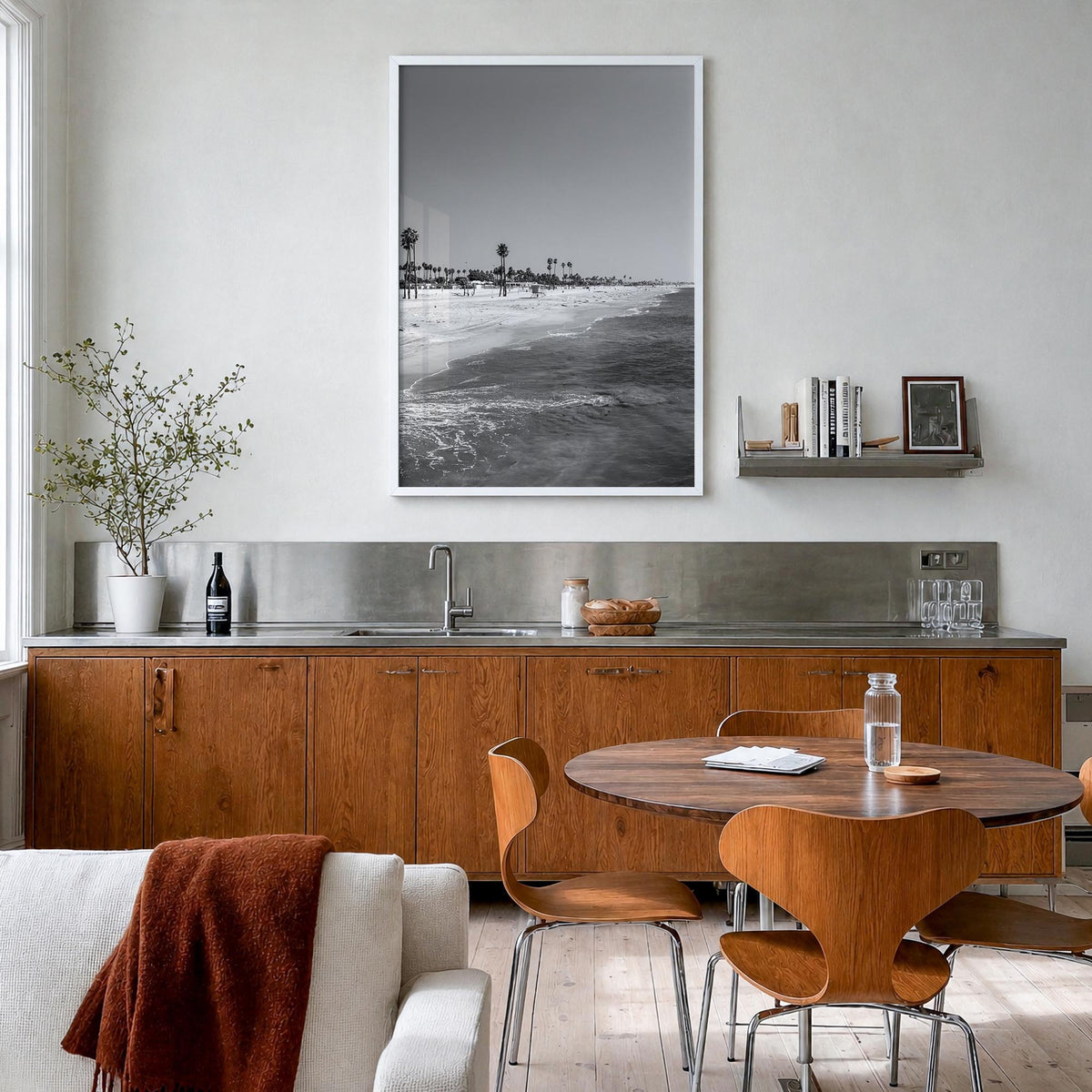 Hermosa Beach black & white photo poster of California, USA – vertical wall art in white wood frame, hanging on wall