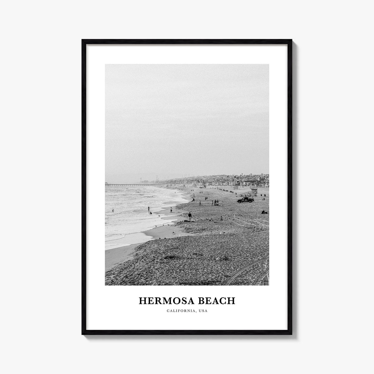 Hermosa Beach no. 1 black & white classic poster of California, USA – vertical wall art, unframed print shown in interior moc