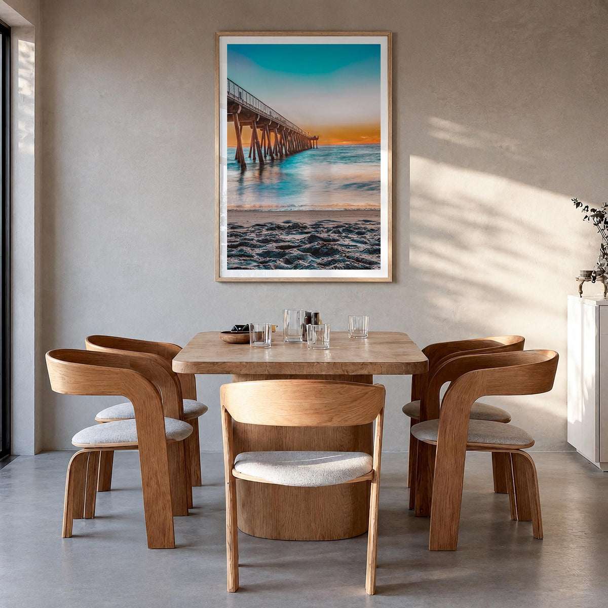 Hermosa Beach no. 1 colorful photo poster of California, USA – vertical wall art in natural wood frame with white border, han
