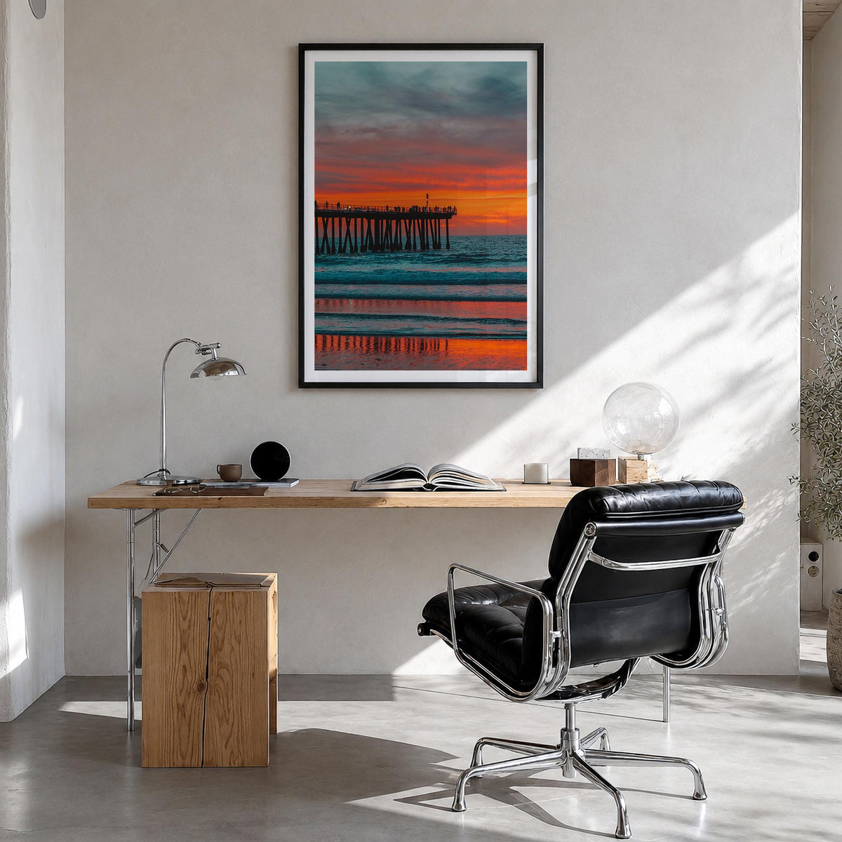 Hermosa Beach no. 2 colorful photo poster of California, USA – vertical wall art in black wood frame with white border, hangi