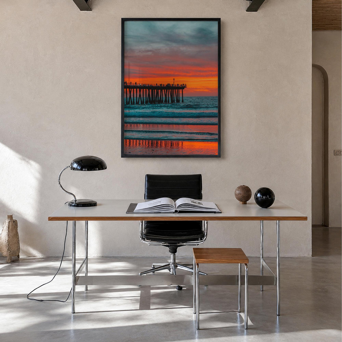 Hermosa Beach no. 2 colorful photo poster of California, USA – vertical wall art in black wood frame, hanging on wall