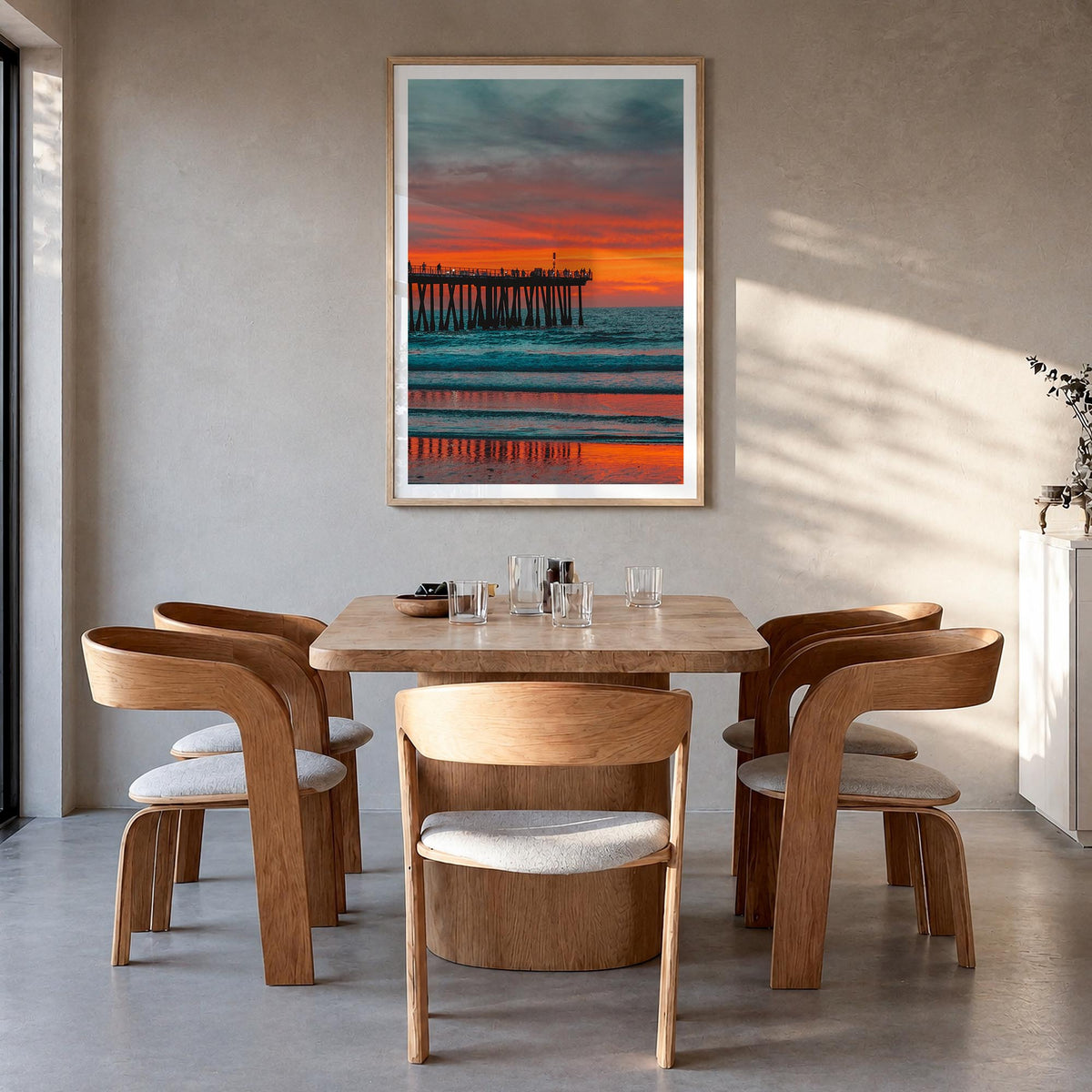 Hermosa Beach no. 2 colorful photo poster of California, USA – vertical wall art in natural wood frame with white border, han