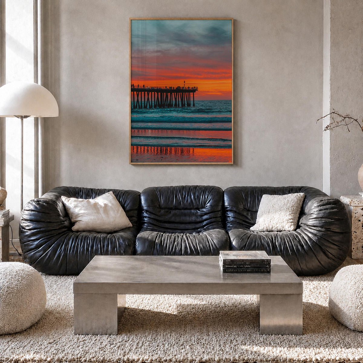 Hermosa Beach no. 2 colorful photo poster of California, USA – vertical wall art in natural wood frame, hanging on wall
