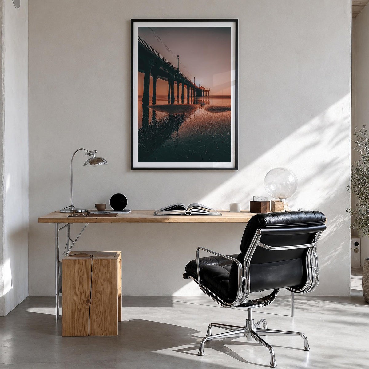 Hermosa Beach no. 3 colorful photo poster of California, USA – vertical wall art in black wood frame with white border, hangi