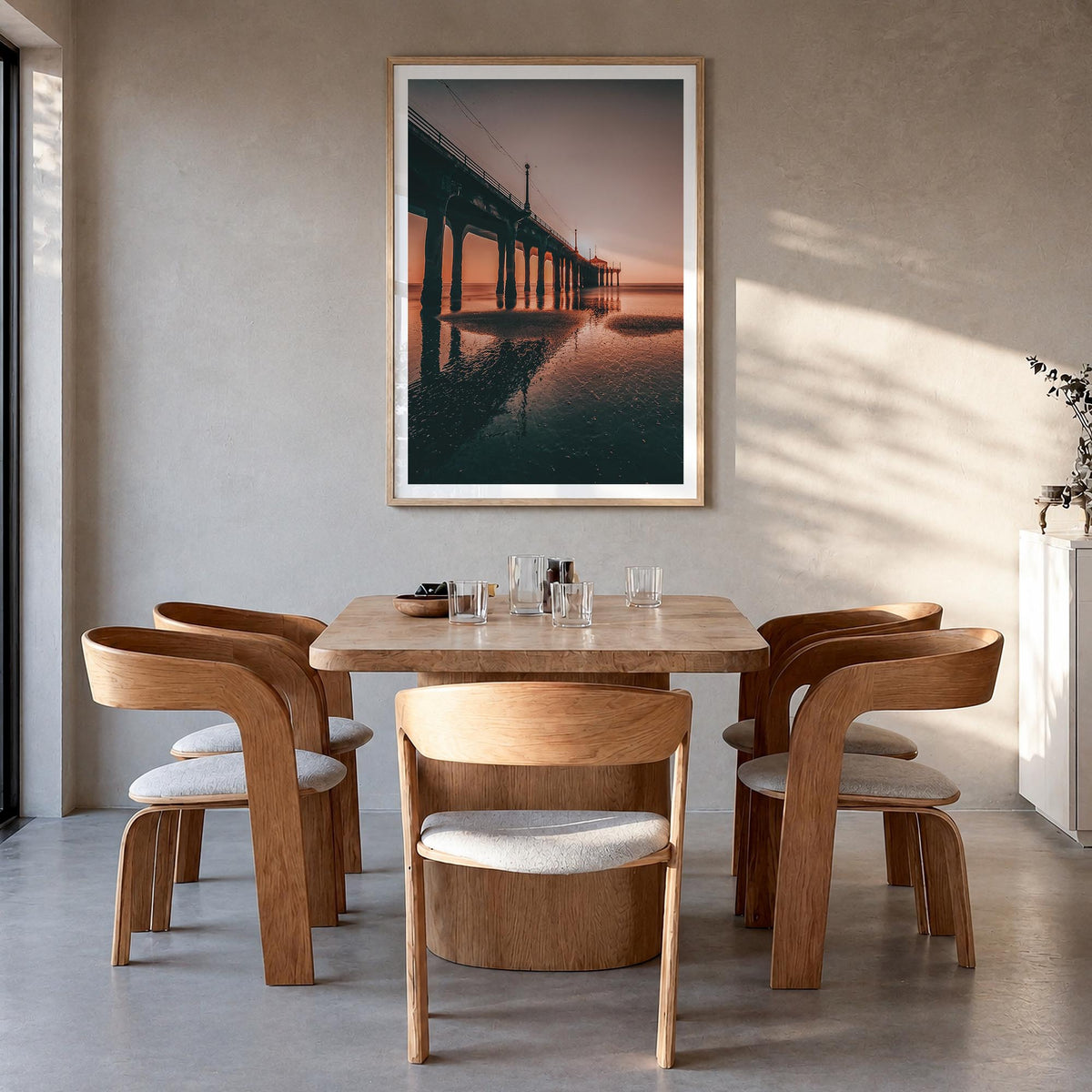 Hermosa Beach no. 3 colorful photo poster of California, USA – vertical wall art in natural wood frame with white border, han