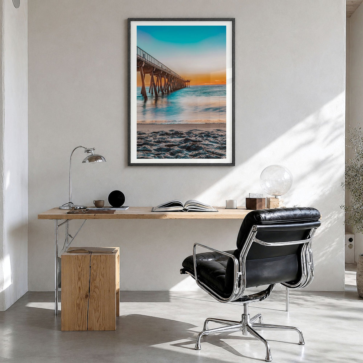 Hermosa Beach Photo No 1 Poster in a black wood frame, hanging in a bright home office, white border
