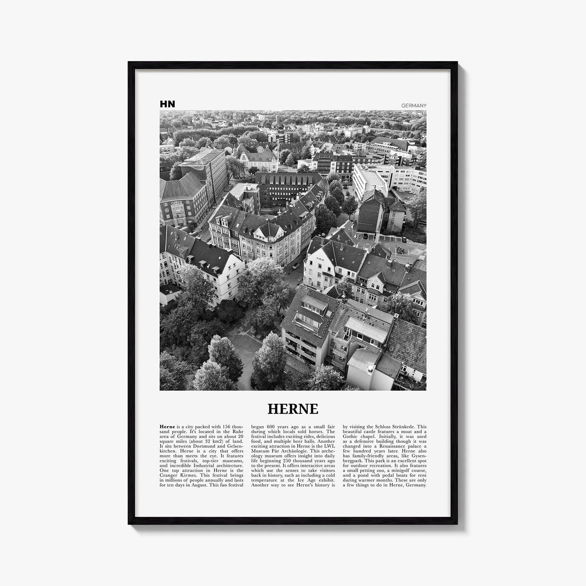 Herne black & white newspaper poster of Germany – vertical wall art, unframed print shown in interior mockup