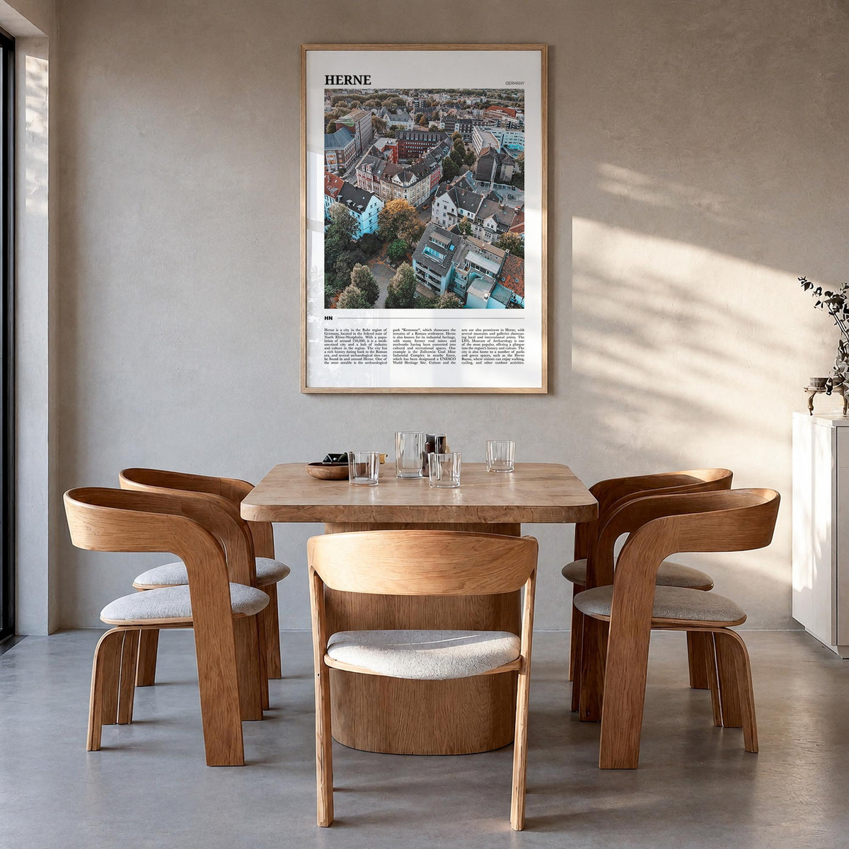 Herne colorful travel poster of Germany – vertical wall art in natural wood frame, hanging on wall