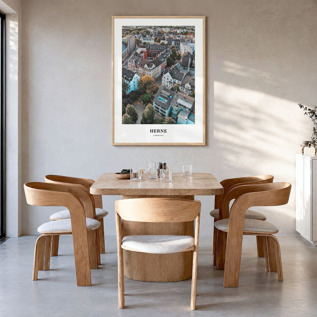 Herne Classic Poster in a natural wood frame, hanging in a dining room