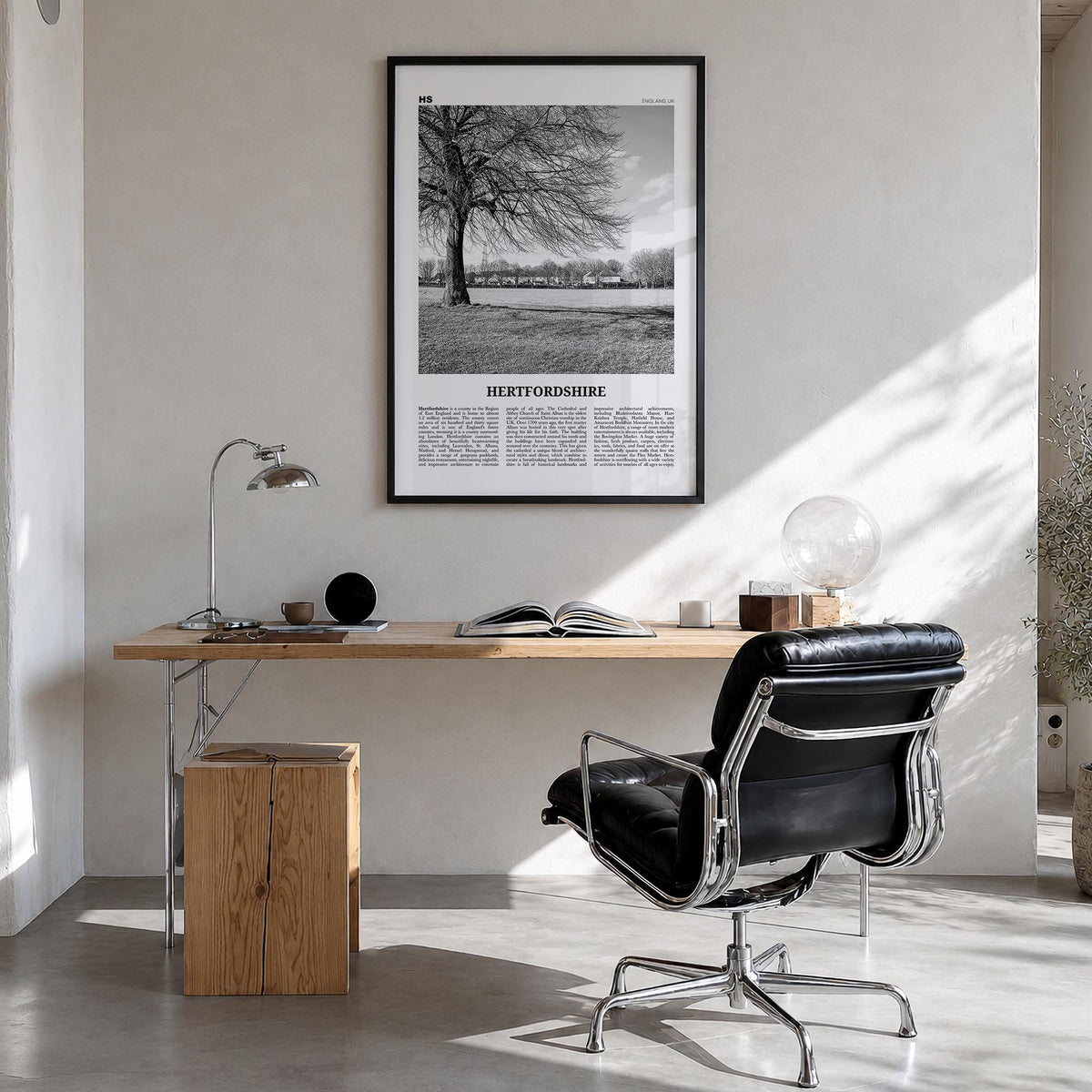 Hertfordshire black & white newspaper poster of United Kingdom – vertical wall art in black wood frame, hanging on wall