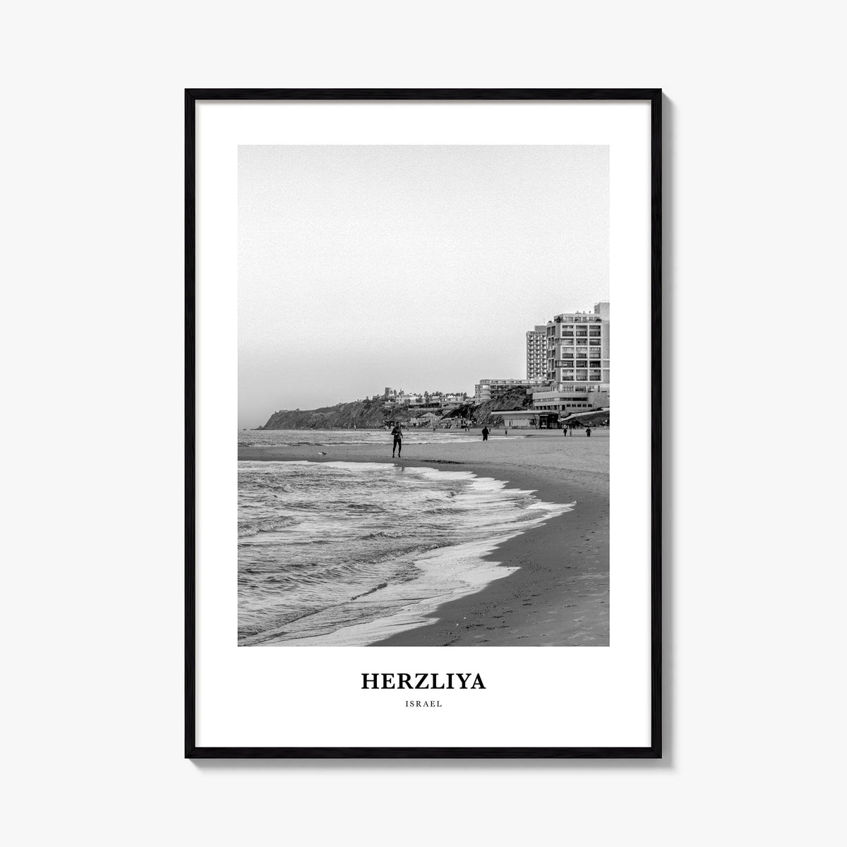 Herzliya black & white classic poster of Israel – vertical wall art, unframed print shown in interior mockup