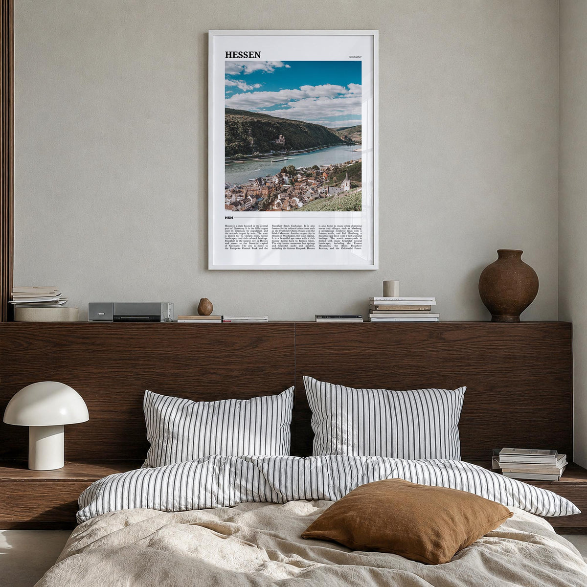 Hessen colorful travel poster of Germany – vertical wall art in white wood frame, hanging on wall