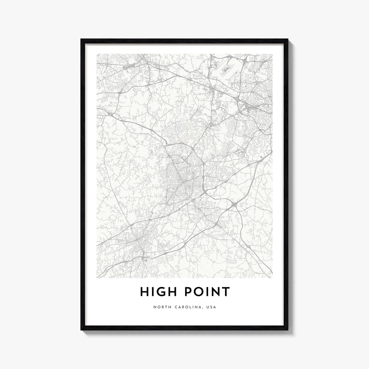High Point black & white map poster of North Carolina, USA – vertical wall art, unframed print shown in interior mockup